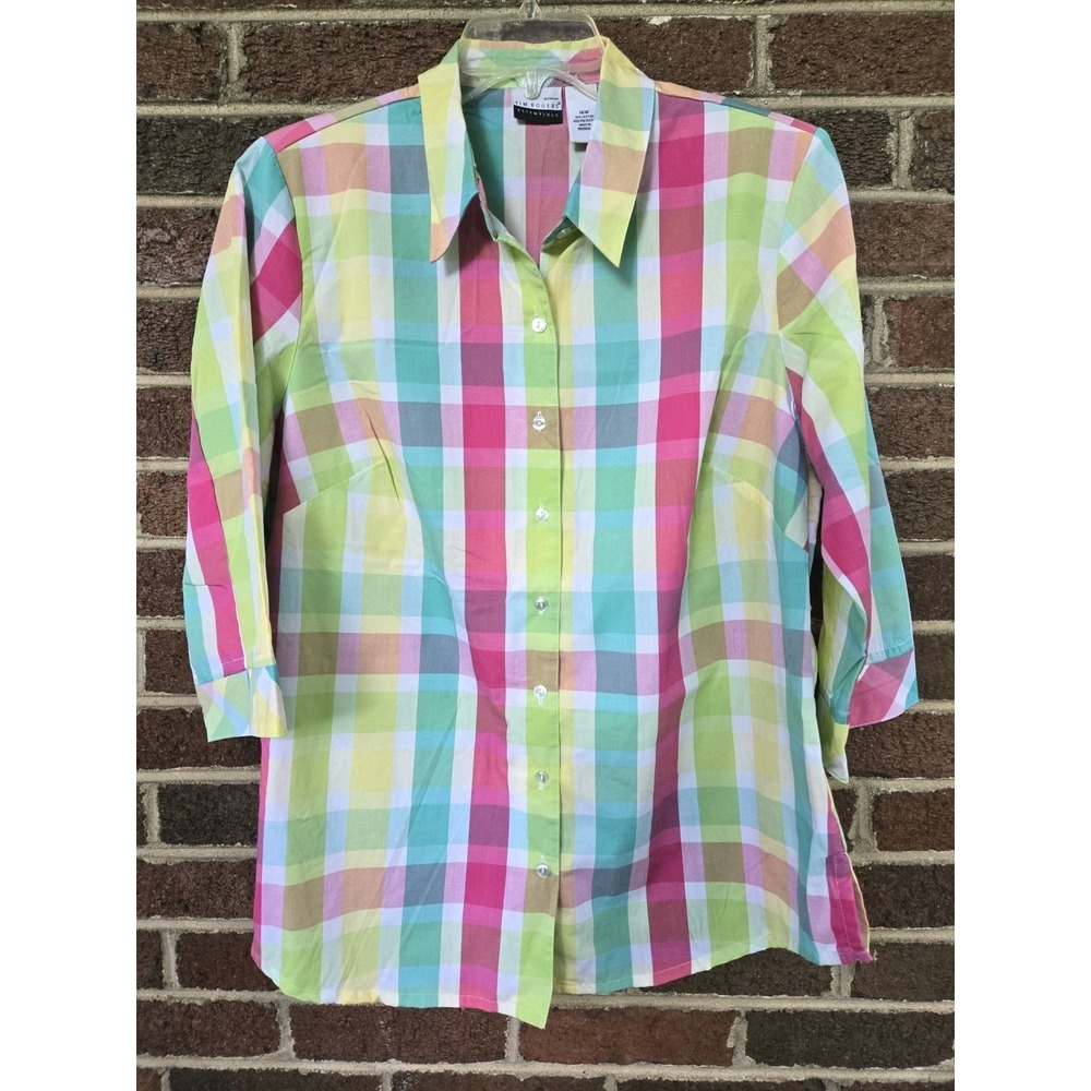 Kim Rogers Plus 16w Colorful Plaid Button-Up Shirt 3/4 Sleeve Preppy Classic